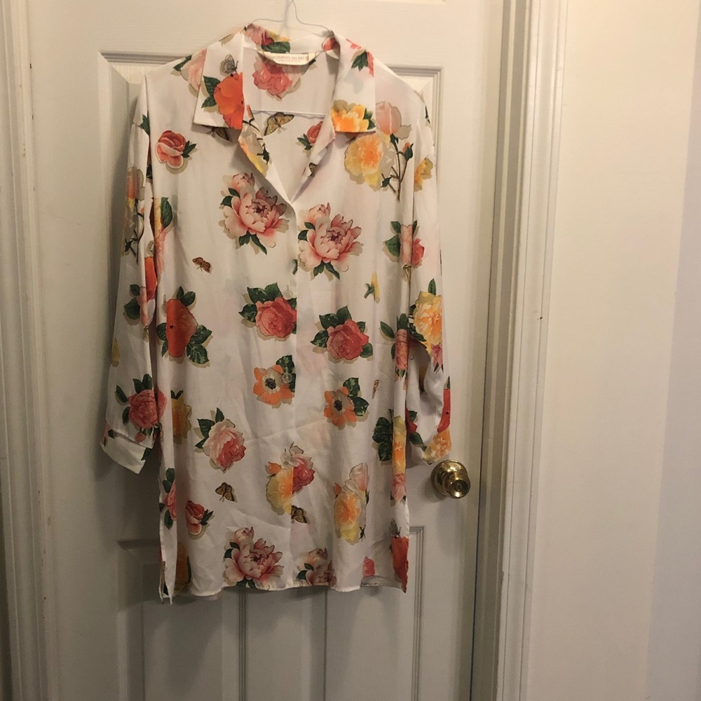 Victoria's Secret White Button-Up Shirt with Orange, Yellow & Pink Floral Print